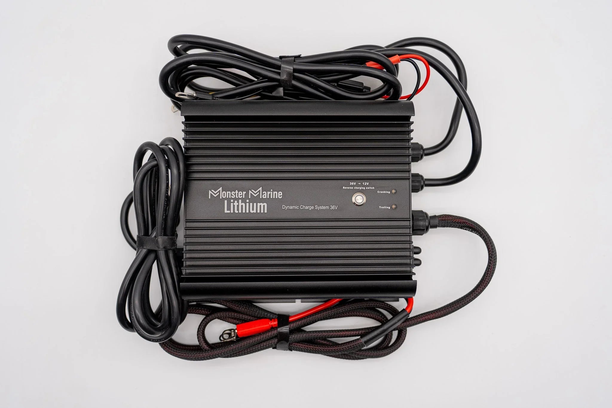 Monster Marine Lithium 36V dynamic charge system inverter with attached cables on white background