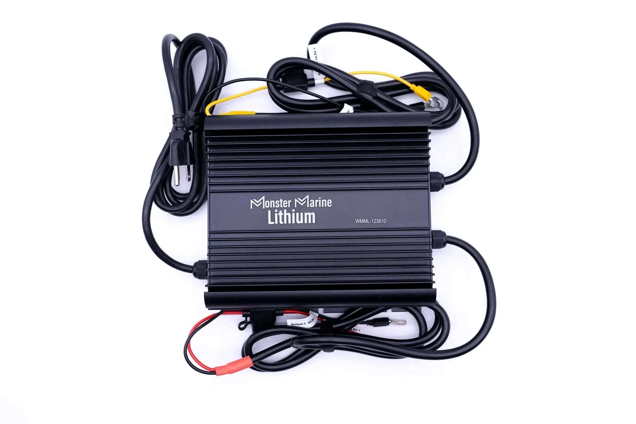 Monster Marine black lithium battery charger with attached cables on white background