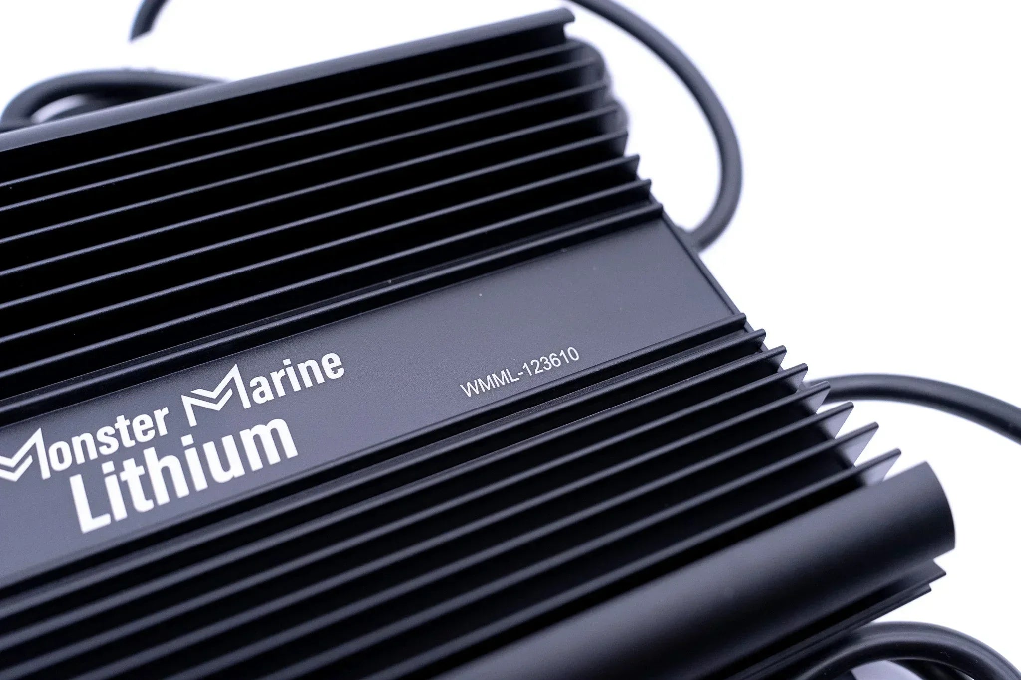 Monster Marine Lithium black battery charger with visible cooling fins and cables