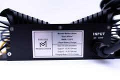 Monster Marine Lithium Lifepo4 battery charger with AC input and dual output specs label