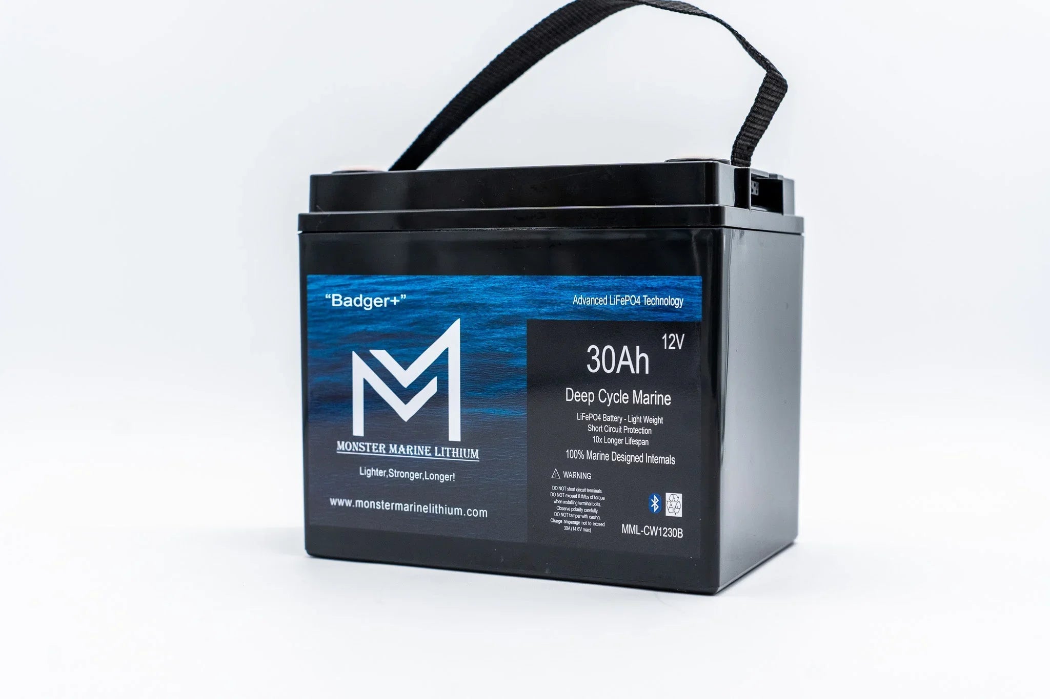 Monster Marine Lithium 30Ah 12V deep cycle marine battery with handle and blue label