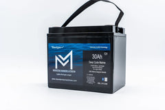 Monster Marine Lithium 30Ah 12V deep cycle marine battery with handle and blue label