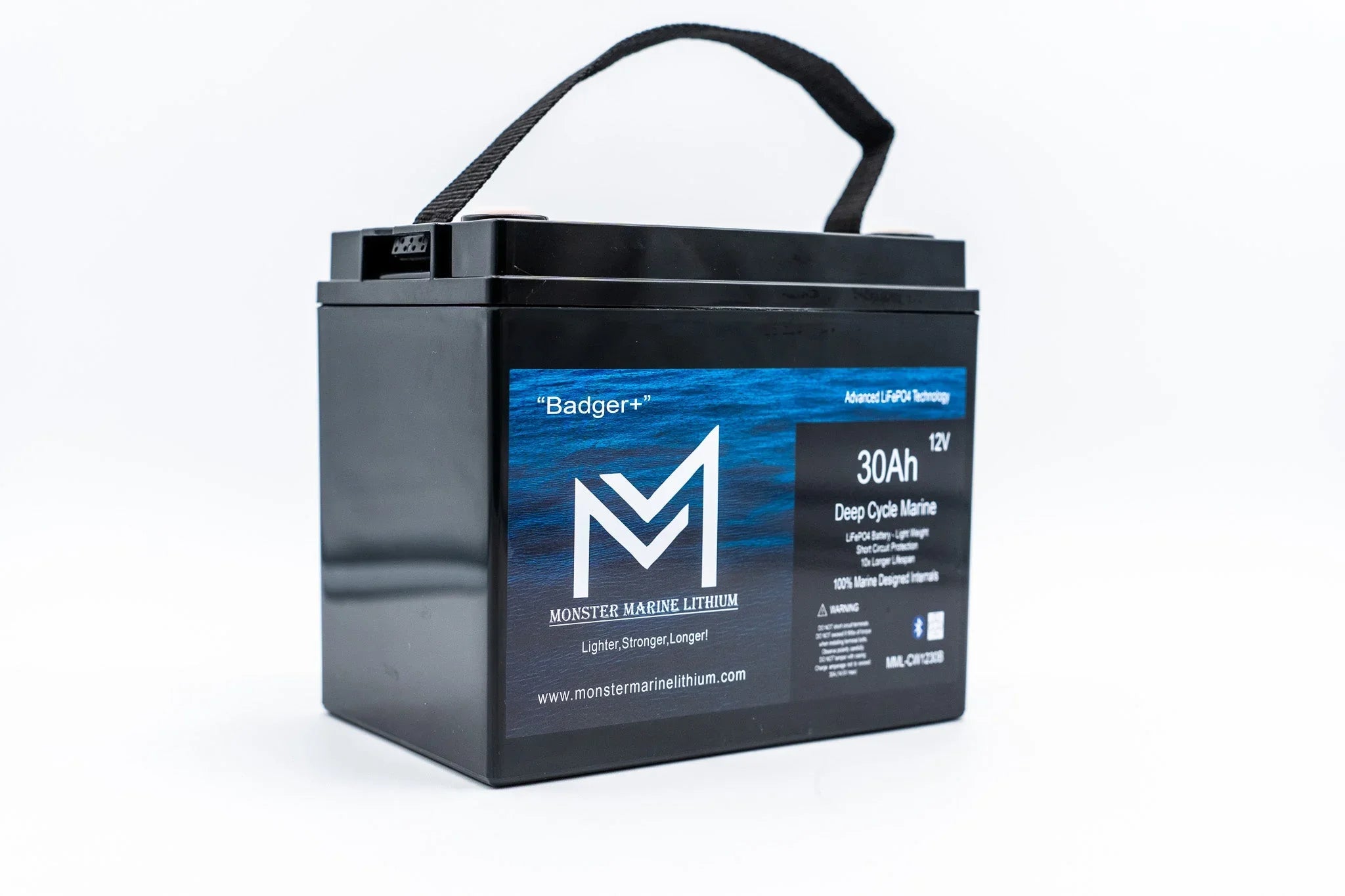 Monster Marine Lithium 30Ah 12V deep cycle marine battery with black casing and handle