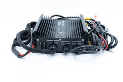 DYNAMIC POWER 24V3 lithium battery charger with cooling fins and attached cables, front view