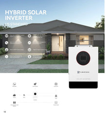 Liniotech hybrid solar inverter product with diagram, modern house background, and feature icons.
