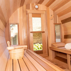Dundalk Leisurecraft Canadian Timber 4-5 Person Tranquility Outdoor Traditional Barrel Sauna - Green Vista Living