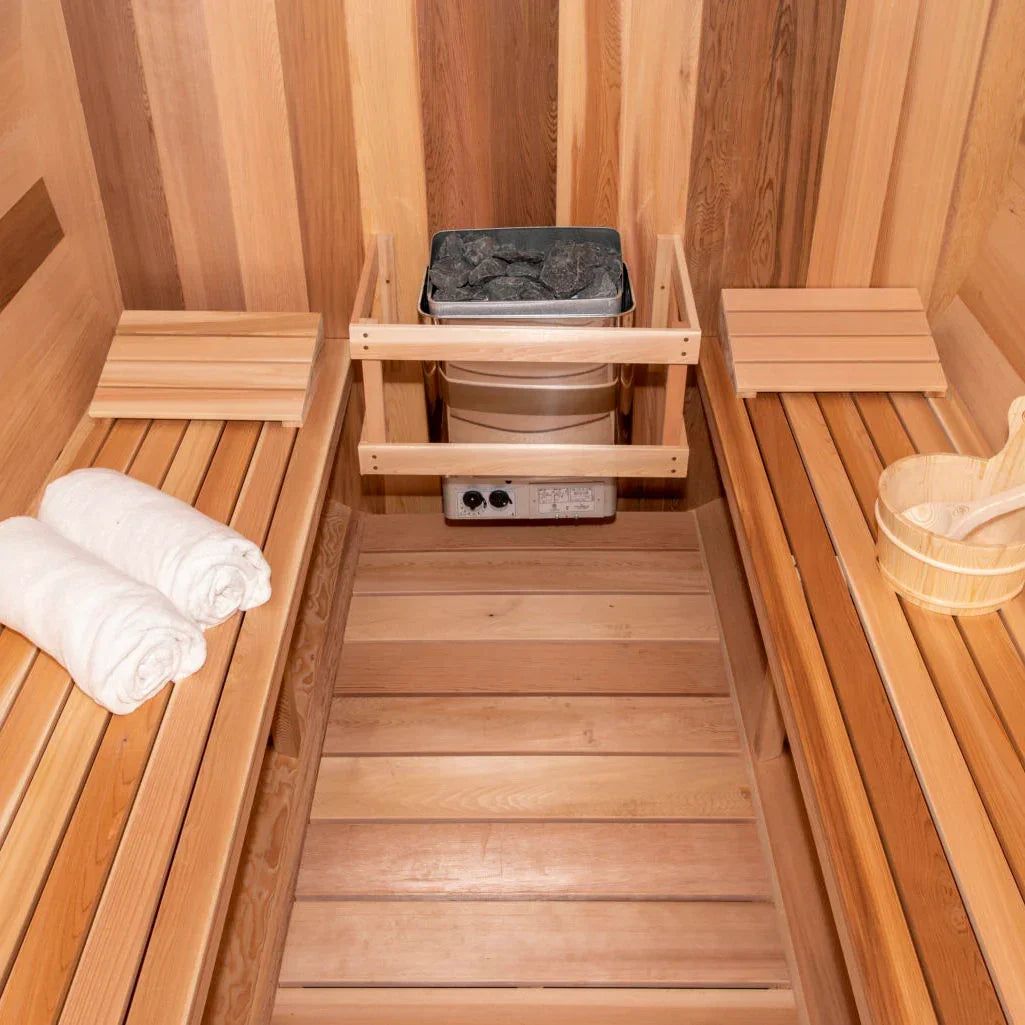 Dundalk Leisurecraft Canadian Timber 4-5 Person Tranquility Outdoor Traditional Barrel Sauna - Green Vista Living