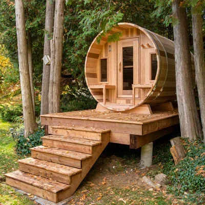 Dundalk Leisurecraft Canadian Timber 4-5 Person Tranquility Outdoor Traditional Barrel Sauna - Green Vista Living