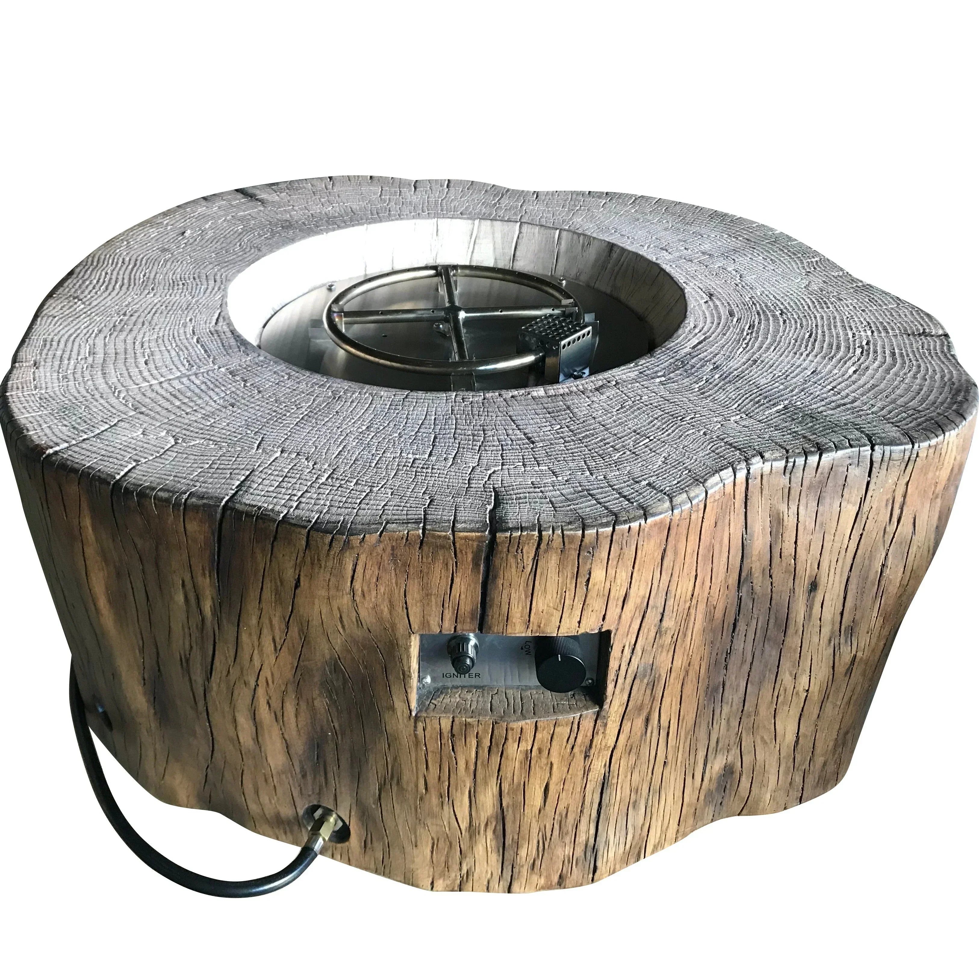 Elementi Manchester round fire pit table with realistic red wood finish and burner ring