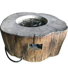 Elementi Manchester round fire pit table with realistic red wood finish and burner ring
