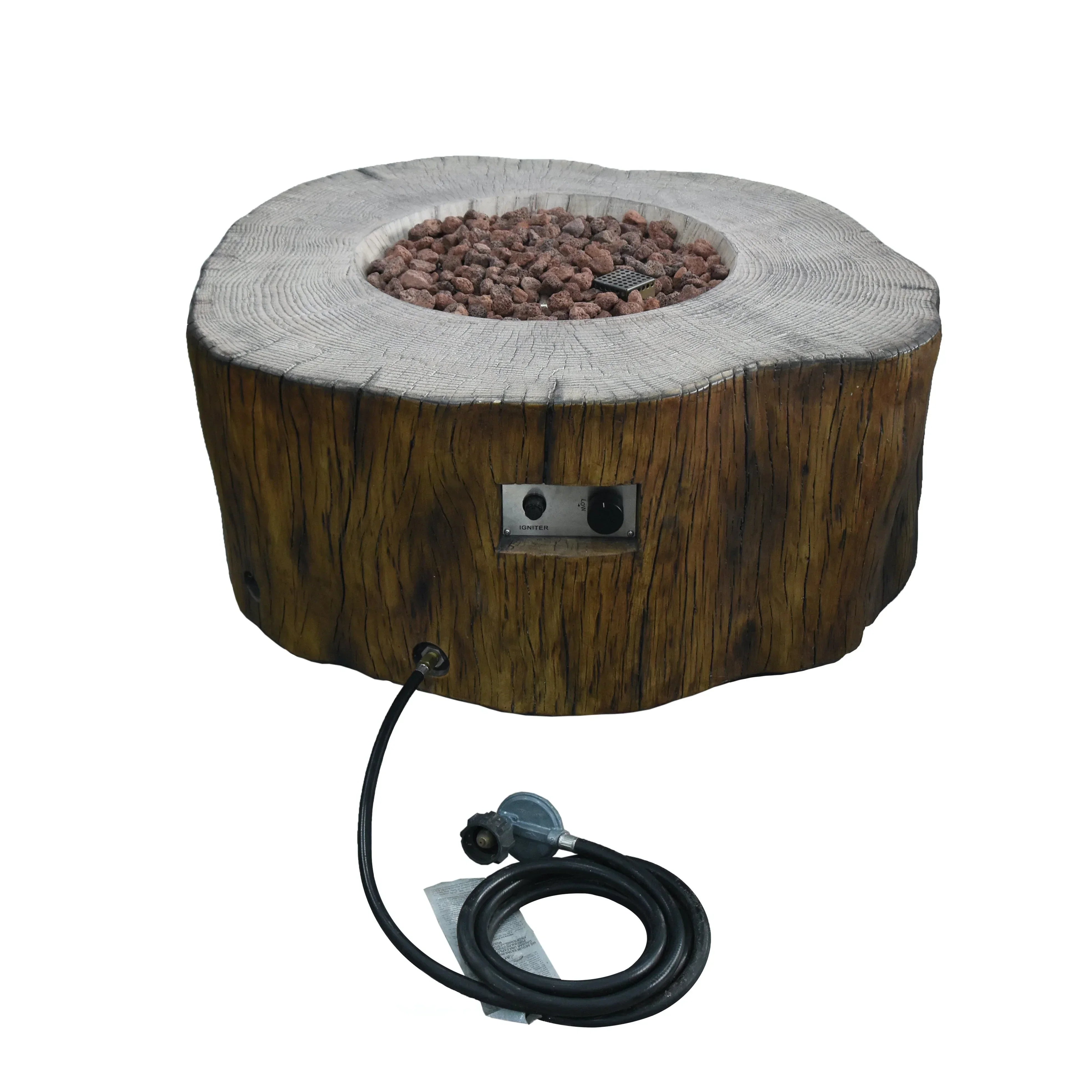 Elementi Manchester fire pit table in redwood finish with gas hose and control panel