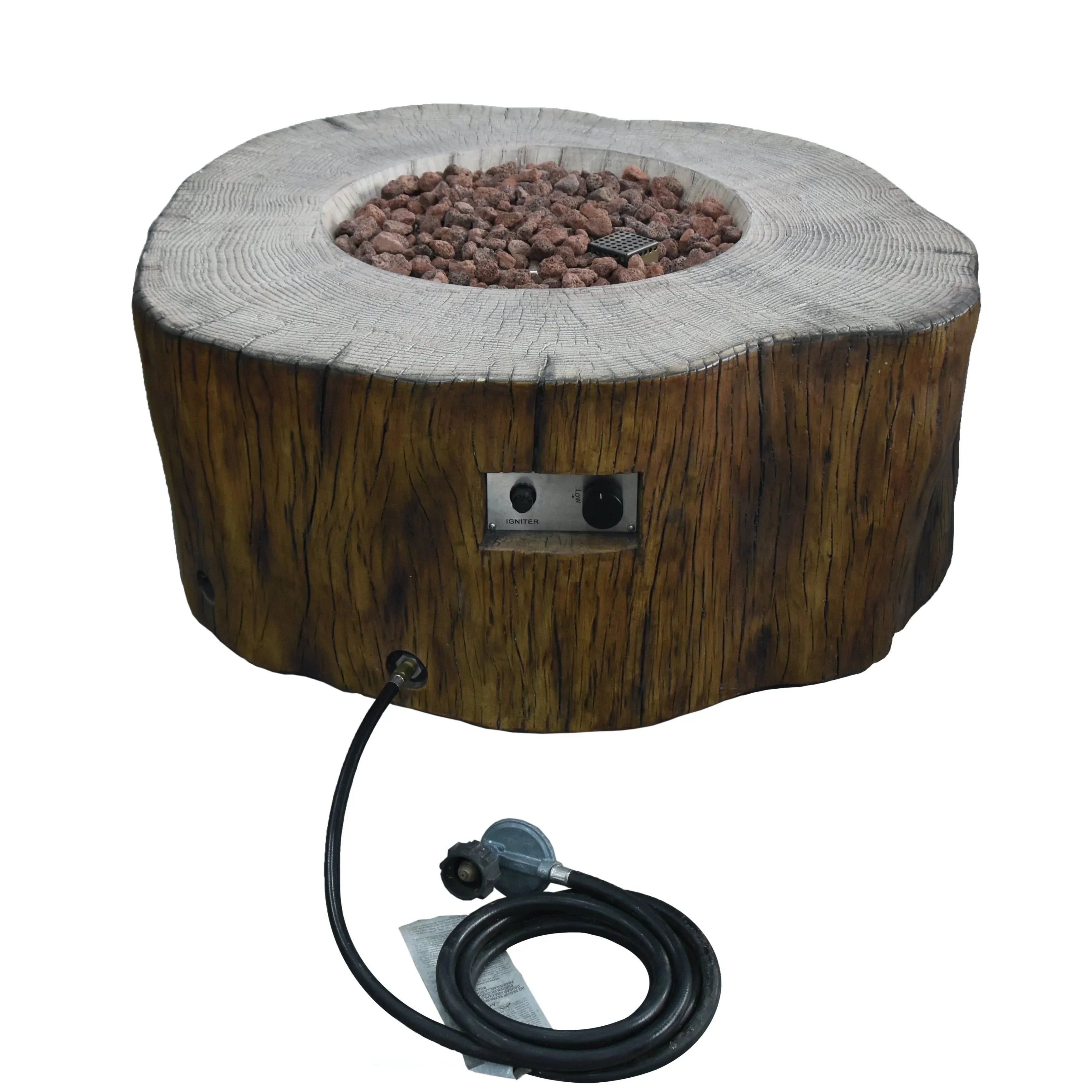 Elementi Manchester fire pit table in red wood finish with control panel and hose