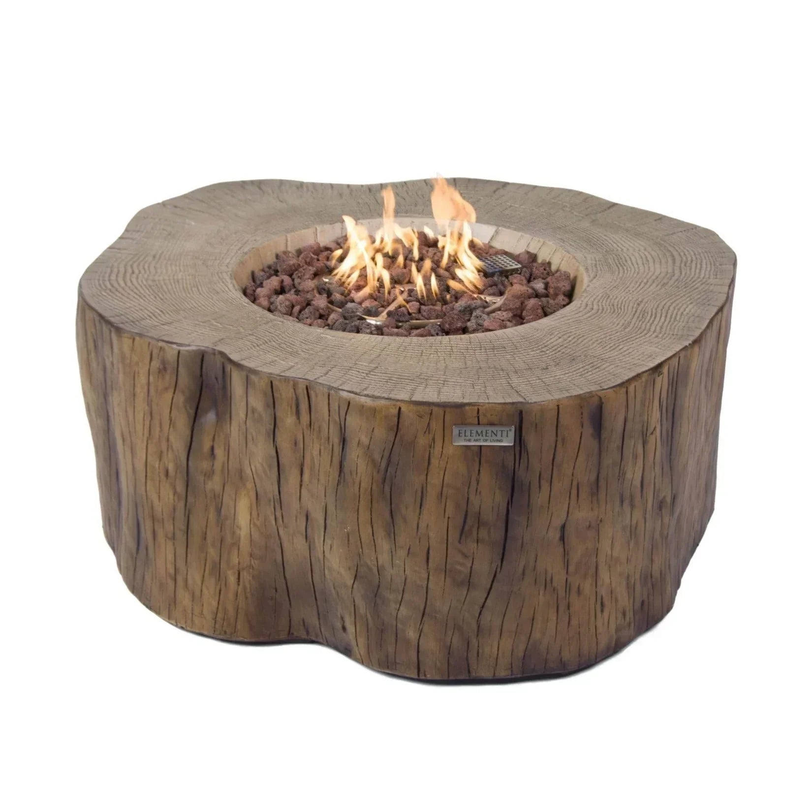 Elementi Manchester fire pit table with realistic red wood finish and lit flame