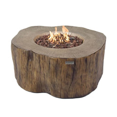 Elementi Manchester fire pit table with realistic red wood finish and lit flame