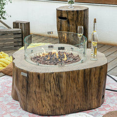 Elementi Manchester fire pit table with red wood finish, outdoor patio setting