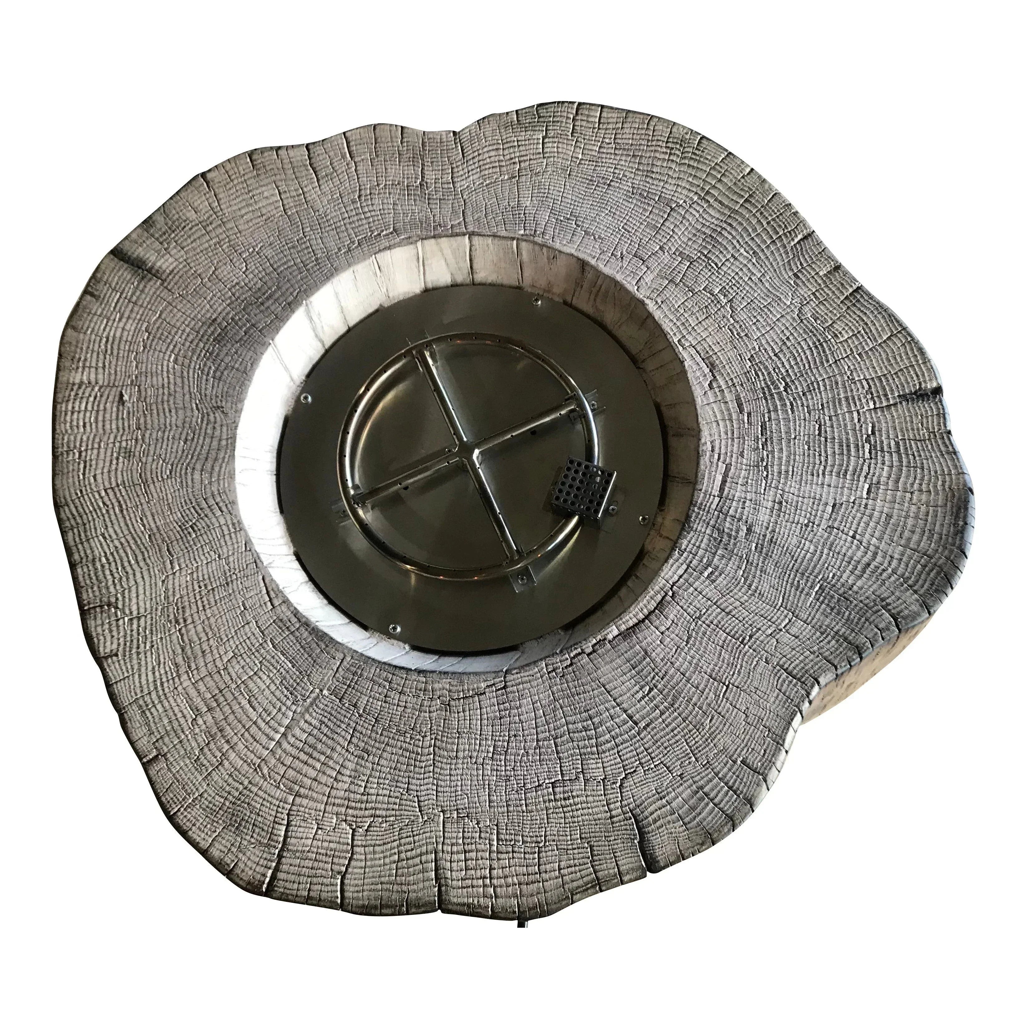Elementi Manchester fire pit table top view, rustic wood finish with stainless steel burner