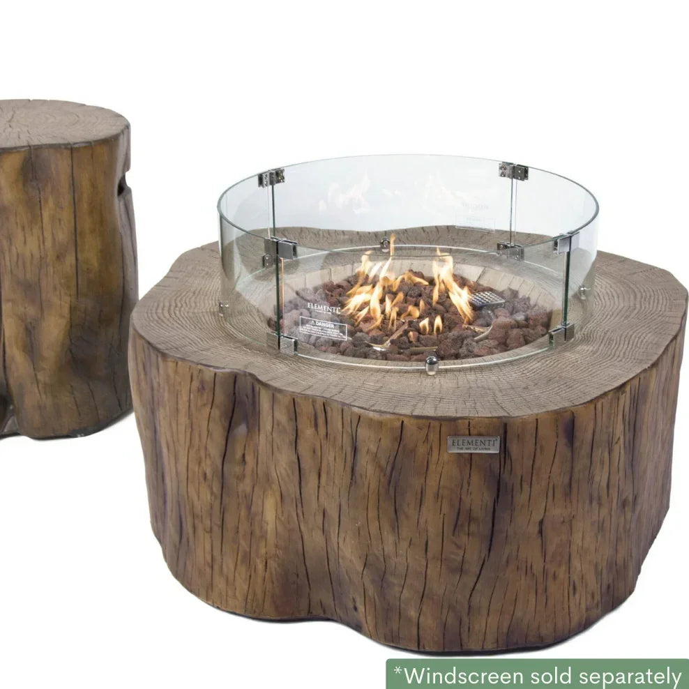 Elementi Manchester fire pit table with glass wind screen and tank cover, wood finish