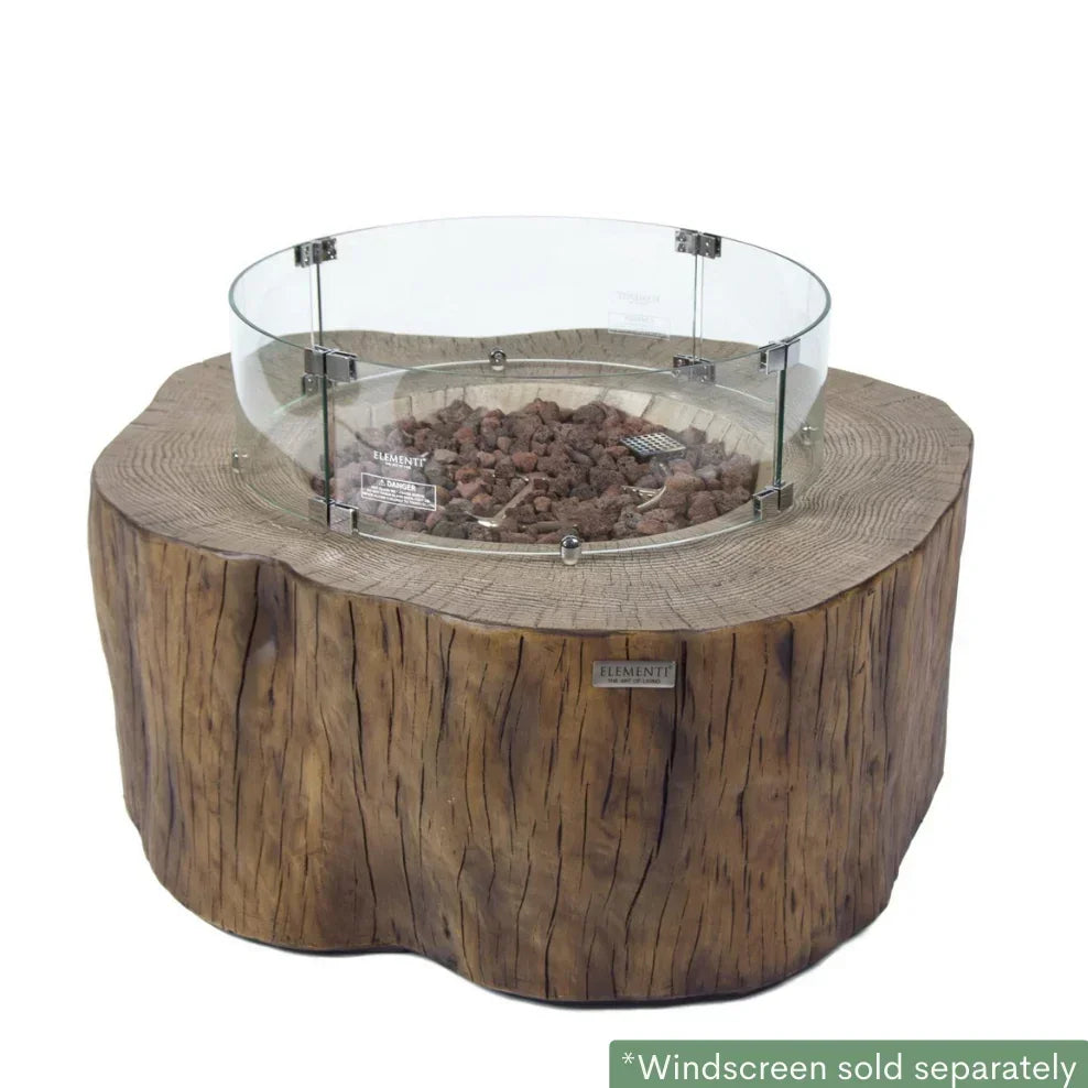 Elementi Manchester fire pit table with red wood finish and glass windscreen