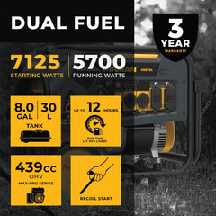 FIRMAN Power Equipment Dual Fuel Portable Generator 5700W Recoil Start 120/240V