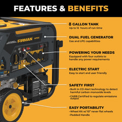 FIRMAN Power Equipment Dual Fuel Portable Generator 9400/7500W Electric Start 120/240V with CO Alert