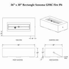 Flame Havens 56” x 30” Rectangle Sonoma GFRC Fire Pit - 24v On/Off Electronic Ignition by Dekko Concrete and HPC Fire