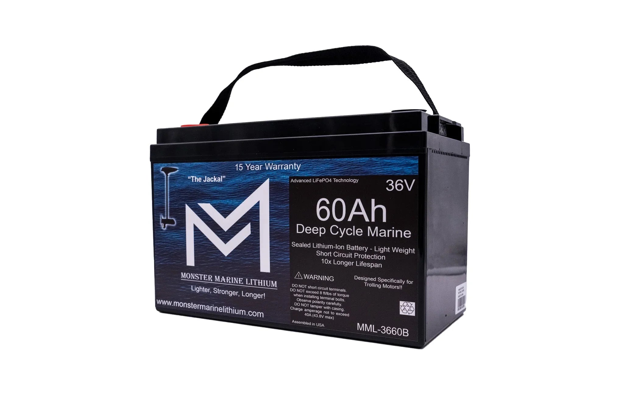 Monster Marine Lithium 36V 60Ah deep cycle marine battery with handle, black case, clear label