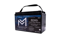 Monster Marine Lithium 36V 60Ah deep cycle marine battery with handle, black case, clear label