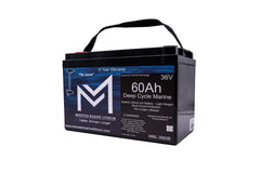 Monster Marine Lithium 36V 60Ah deep cycle marine battery with handle, black case, clear label