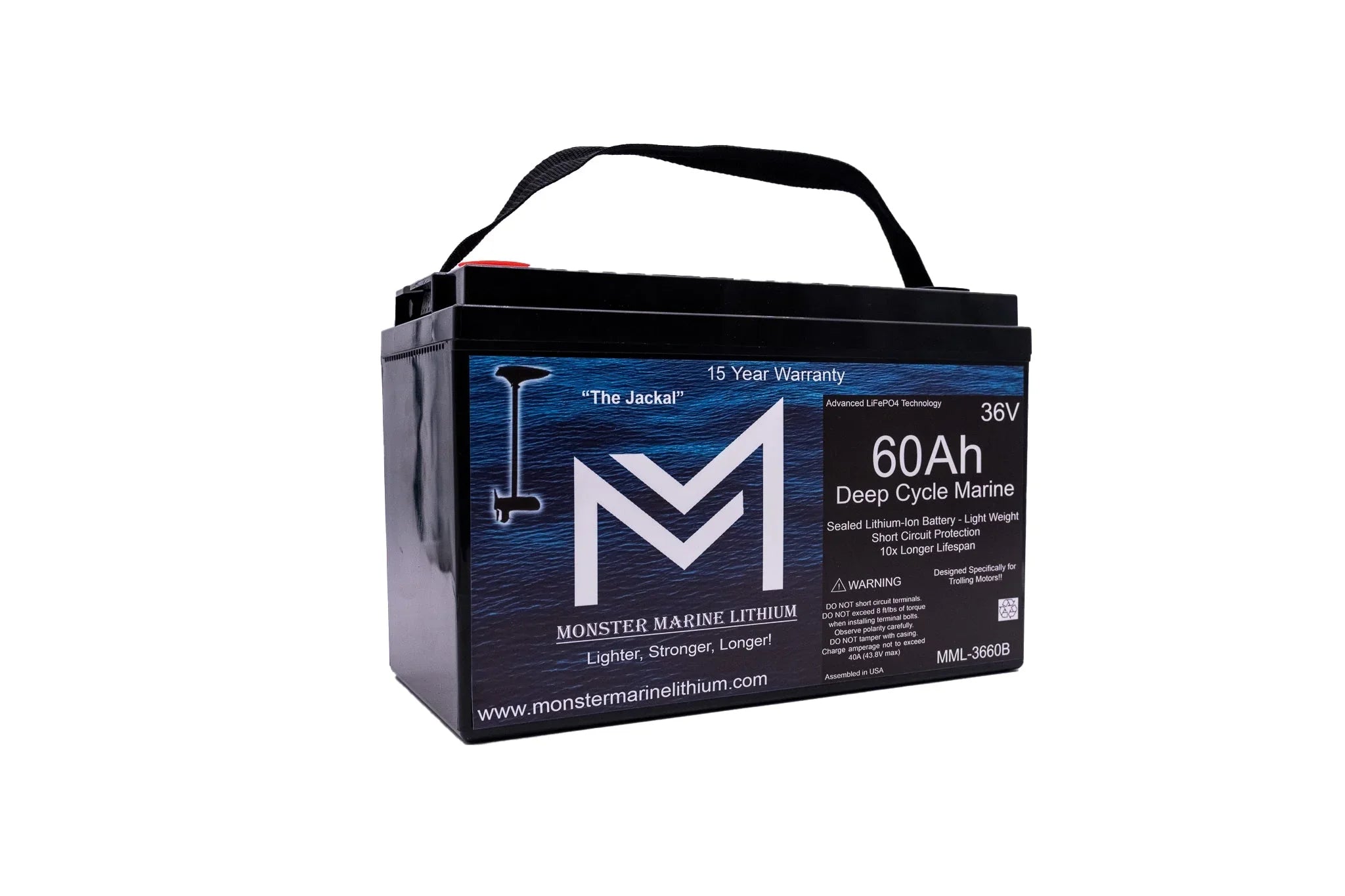 Monster Marine Lithium 36V 60Ah deep cycle marine battery with carrying handle