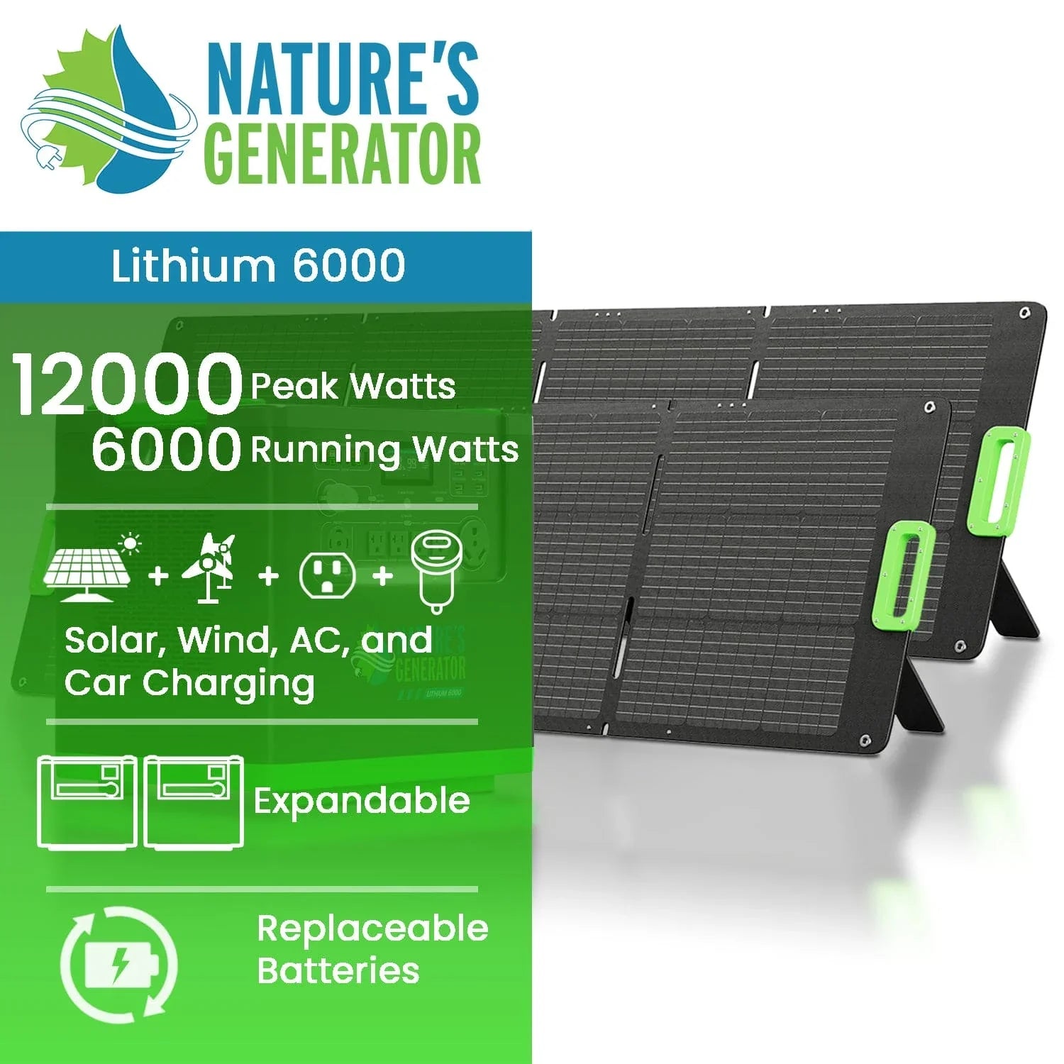 Nature's Generator Lithium 6000 with Solar Panel - Green Vista Living