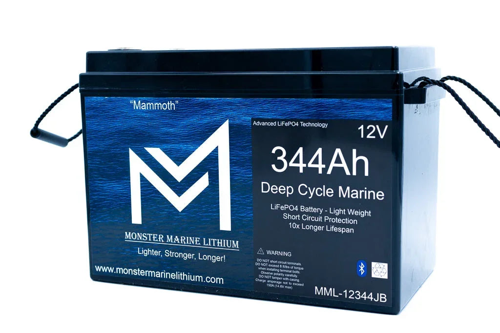 Mammoth 12V 344Ah deep cycle marine LiFePO4 battery by Monster Marine Lithium with blue label