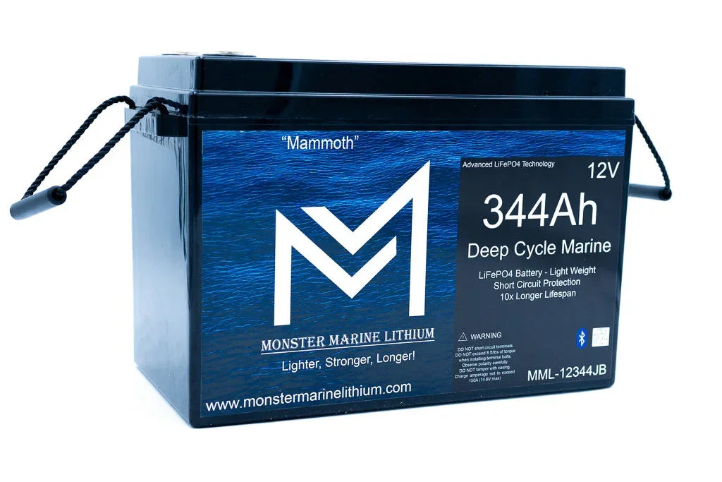 Monster Marine Lithium Mammoth 12V 344Ah deep cycle marine LiFePO4 battery with blue label