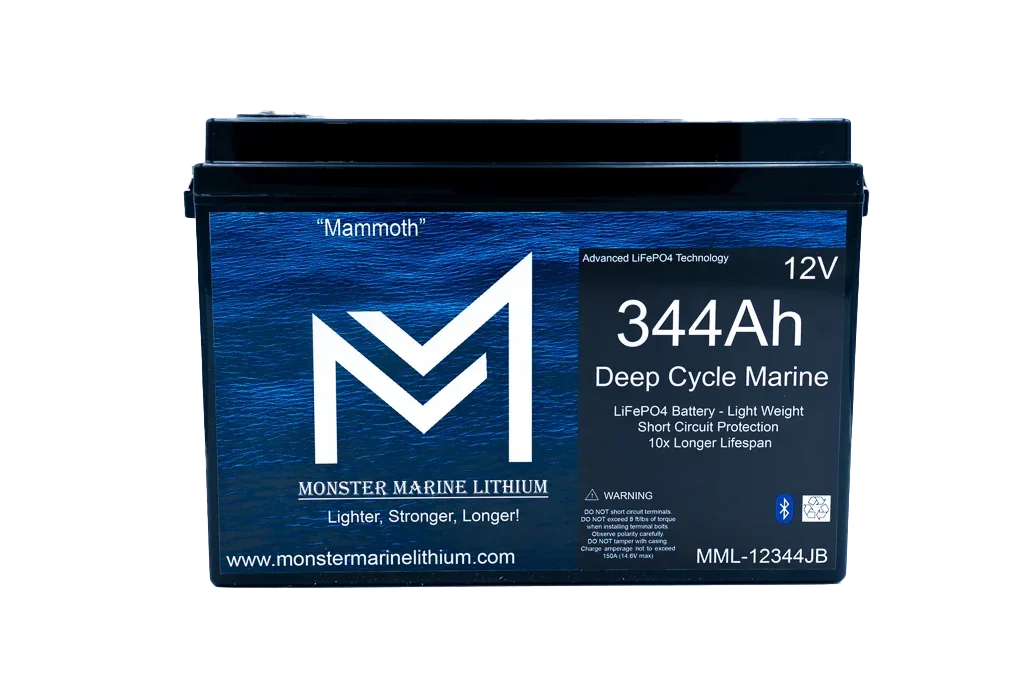 Mammoth 12V 344Ah deep cycle marine LiFePO4 battery with Monster Marine Lithium branding