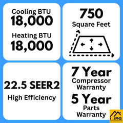 MRCOOL DIY 18,000 BTU inverter AC specs: 22.5 SEER2, 750 sq ft, 7-year warranty, high efficiency.