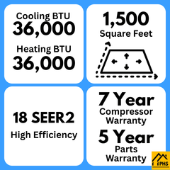 MRCOOL air conditioner 36,000 BTU, 18 SEER2, 1,500 sq ft, 7-year compressor warranty