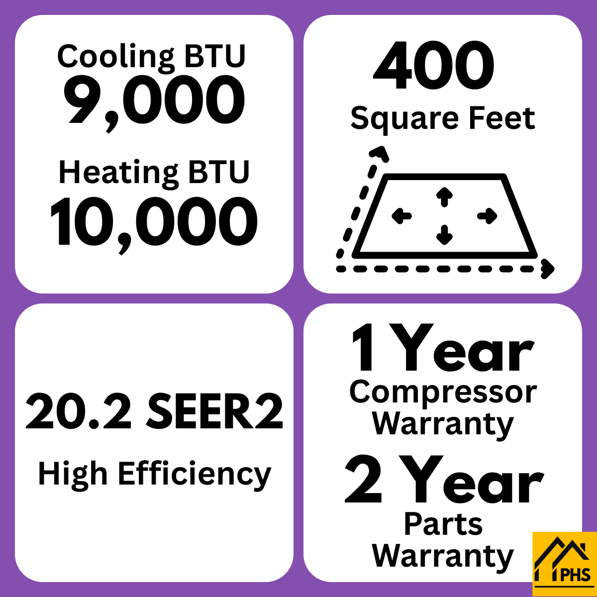 MRCOOL mini split specs: 9,000 BTU cooling, 10,000 BTU heating, 400 sq ft, 20.2 SEER2, 1-year warranty.