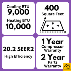 MRCOOL mini split specs: 9,000 BTU cooling, 10,000 BTU heating, 400 sq ft, 20.2 SEER2, 1-year warranty.