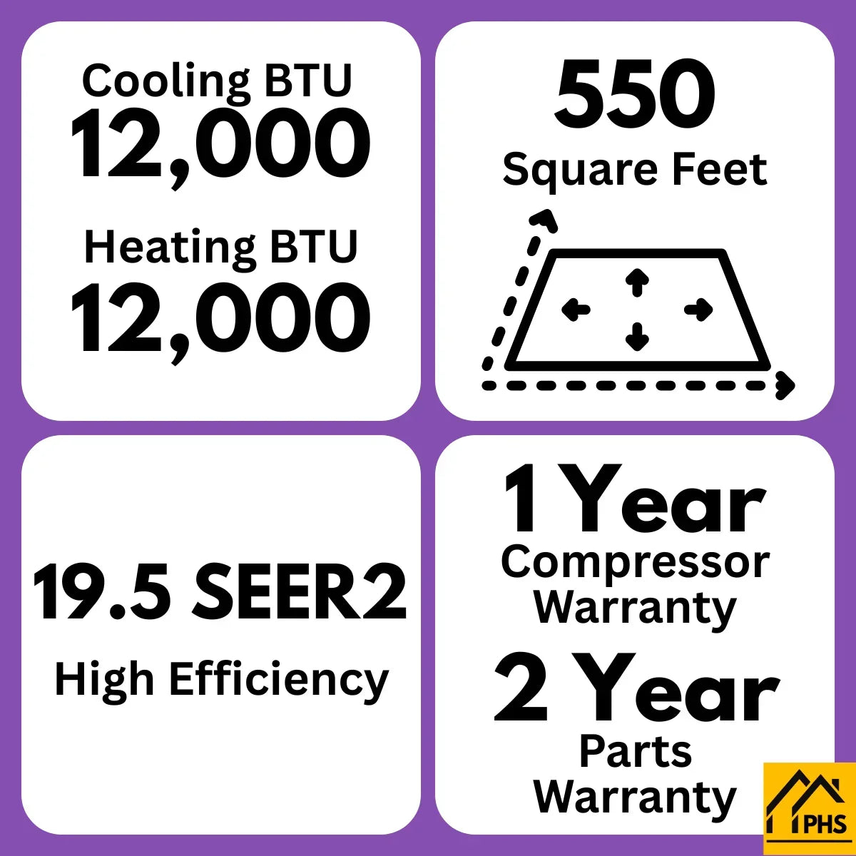 MRCOOL EZPRO 12,000 BTU heating and cooling system, 550 sq ft coverage, 19.5 SEER2, warranty info