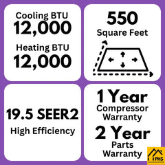 MRCOOL EZPRO 12,000 BTU heating and cooling system, 550 sq ft coverage, 19.5 SEER2, warranty info