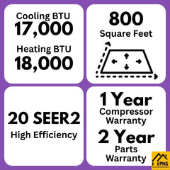 MRCOOL EZPRO 18 air conditioner, 17,000 BTU cooling, 18,000 BTU heating, 800 sq ft, 20 SEER2, warranty info.