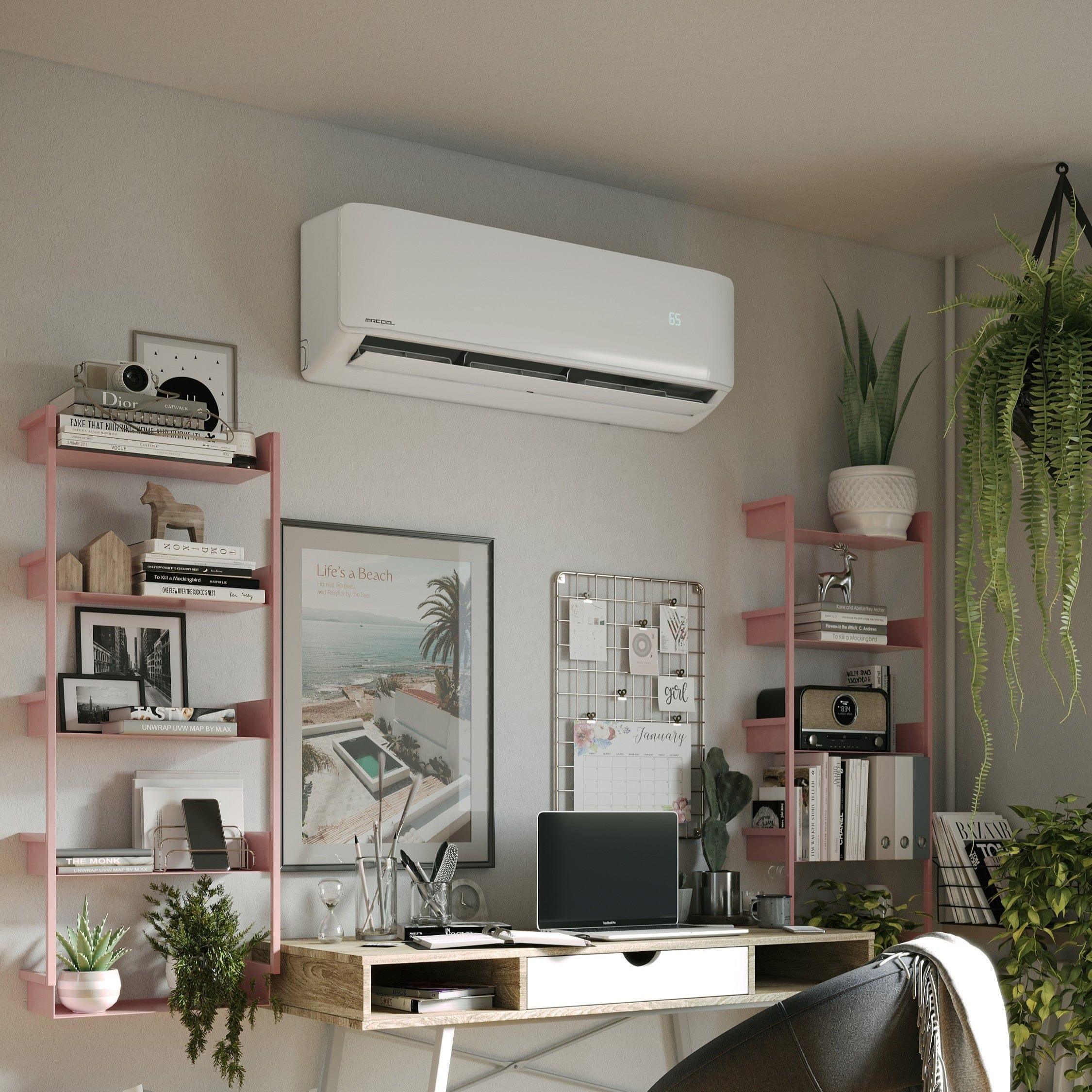 MRCOOL air conditioner installed in modern home office with desk, plants, and shelves