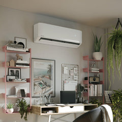 MRCOOL wall-mounted air conditioner in a modern home office with desk and plants
