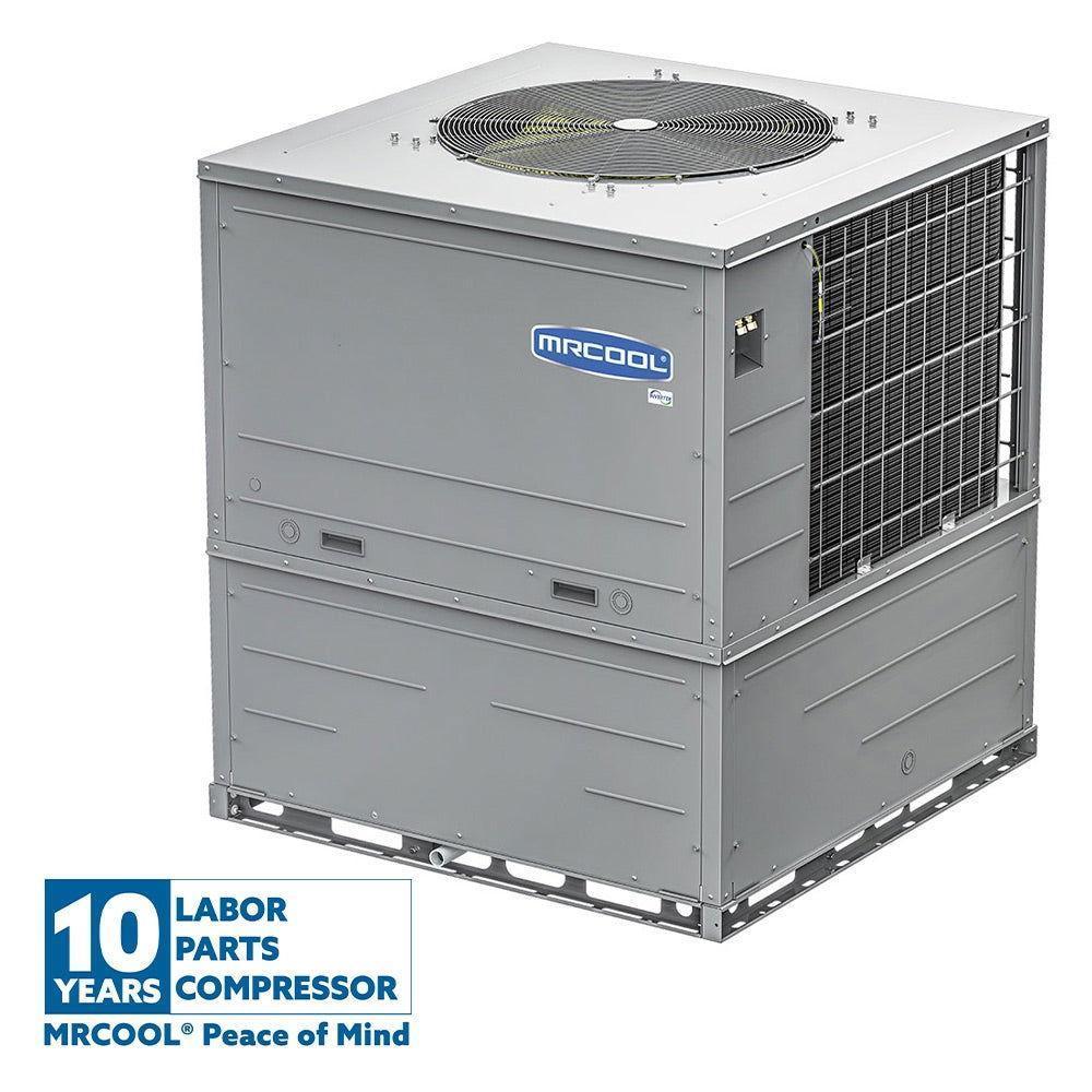 MRCOOL 2 ton universal heat pump package unit, gray, with 10-year warranty badge