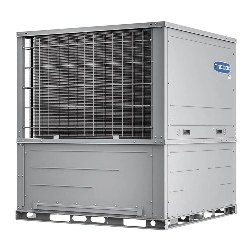 MRCOOL 2 Ton Universal Heat Pump Package Unit, gray metal HVAC system, outdoor view