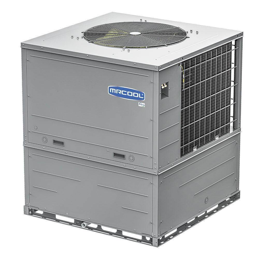 MRCOOL 2 Ton Universal heat pump package unit, gray metal exterior, outdoor HVAC system