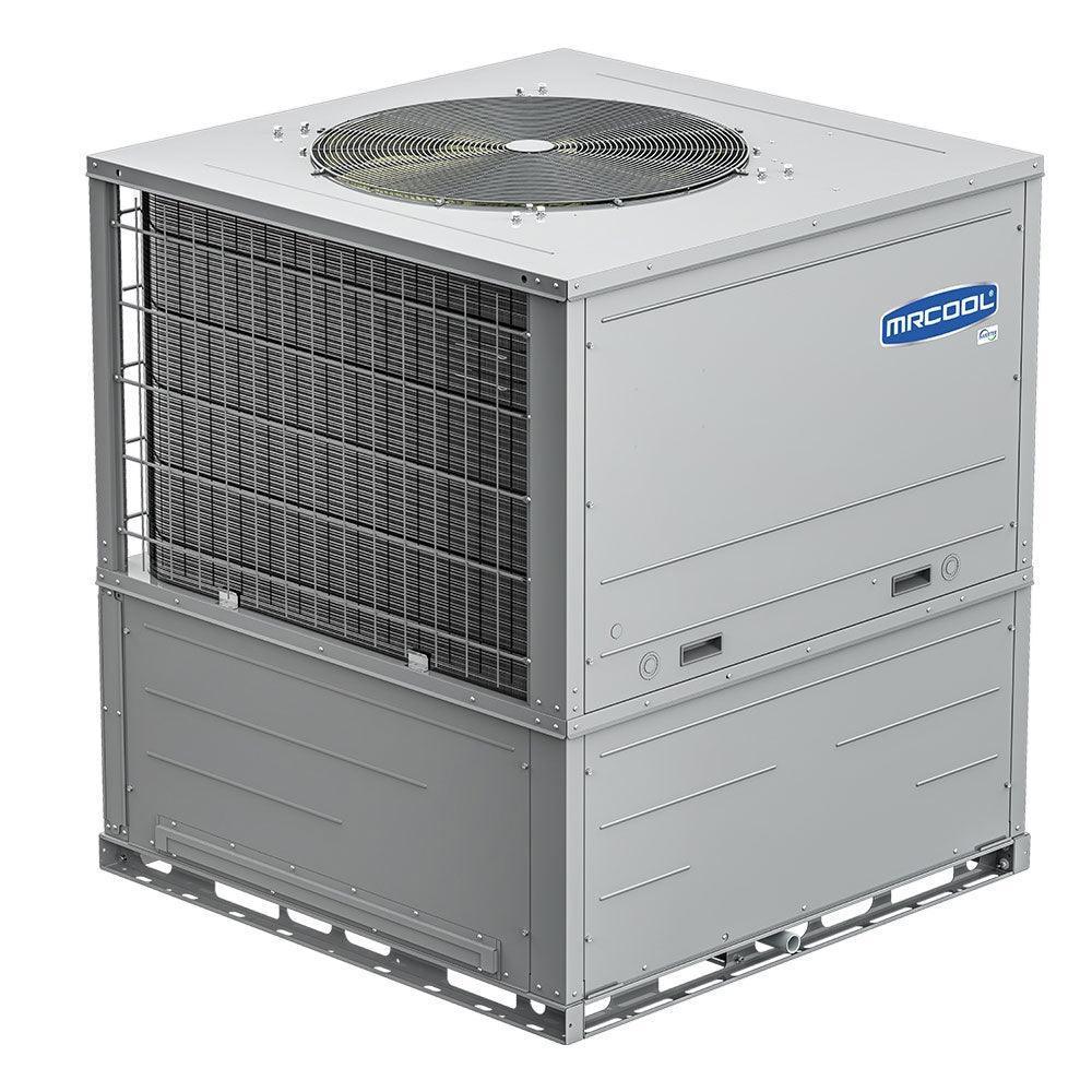 MRCOOL 2 ton Universal Heat Pump Package Unit, grey metal exterior, top fan visible