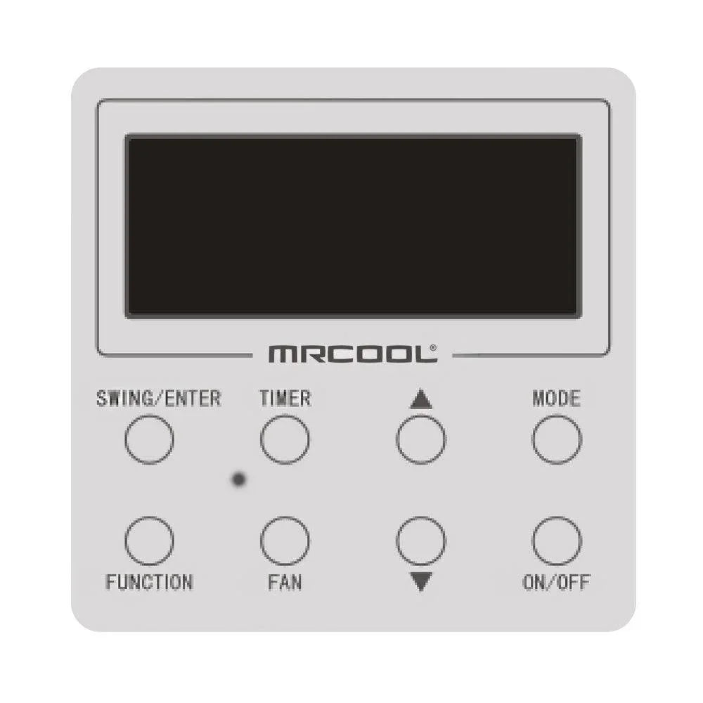 MRCOOL digital control panel with display screen and function buttons for heat pump