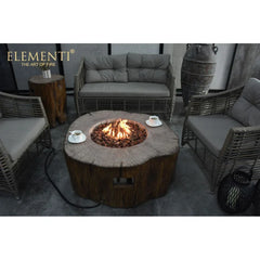 Elementi outdoor fire pit table with wicker patio furniture set and cups on top