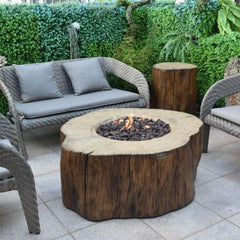 Manchester fire pit table set with wicker patio furniture on outdoor tiled terrace