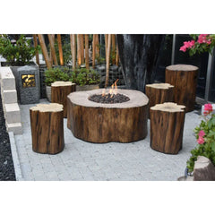 Manchester faux wood fire pit table and stools outdoor patio set with live flame